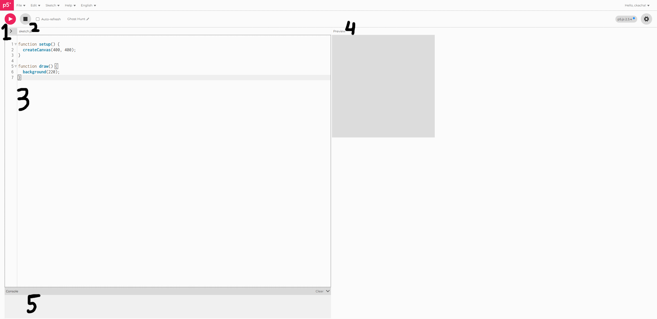 The p5.js editor with five numbered parts