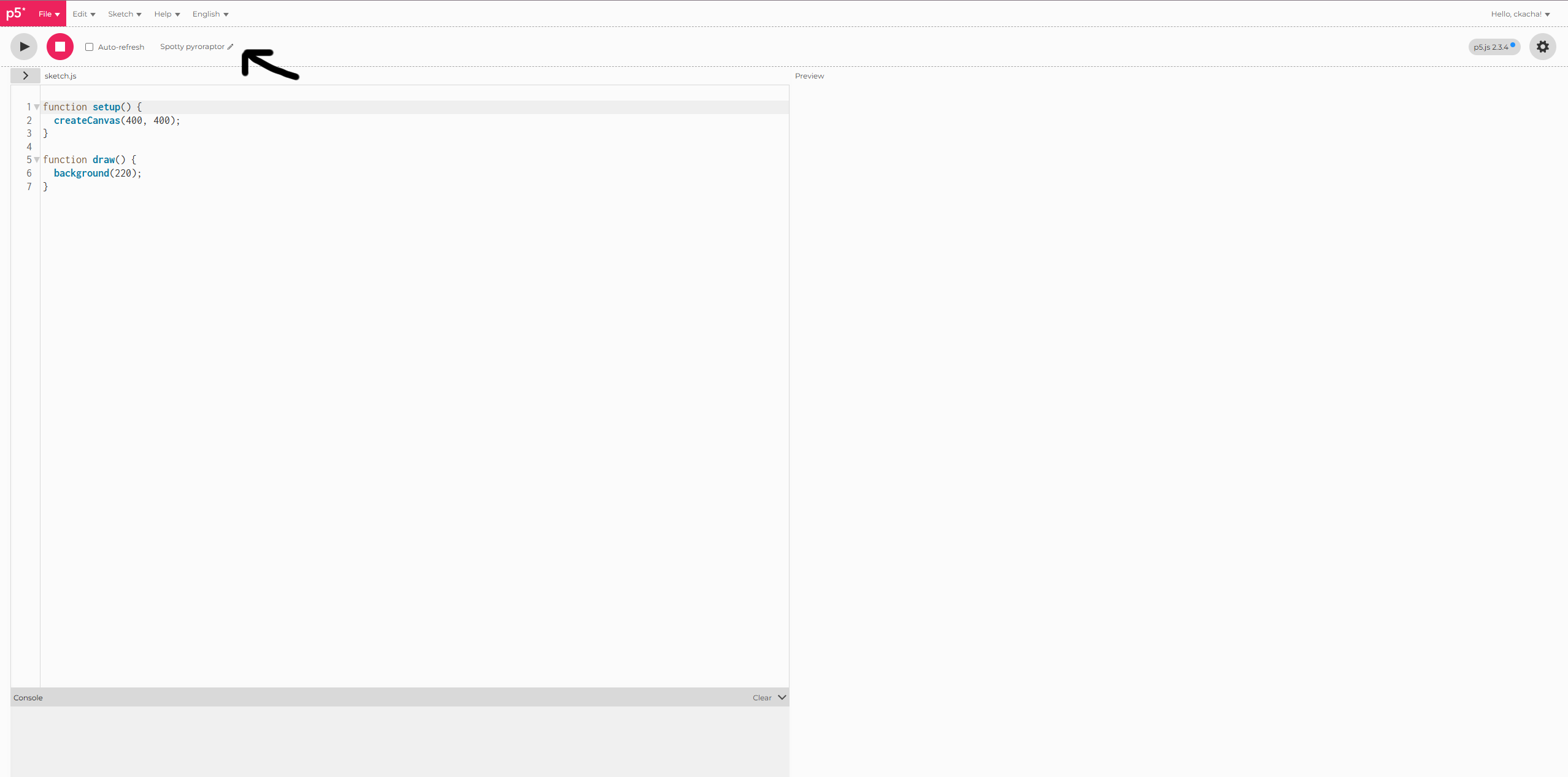 The p5.js editor, with an arrow pointing at the sketch name and its pencil icon